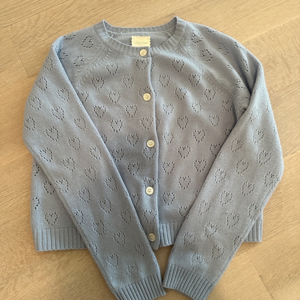 Libby Lou Blue heart pointelle 100% Cashmere Cardigan